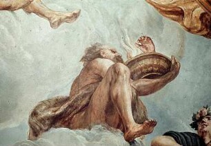 Aurora im achtspännigen Wagen, gefolgt von Apoll in seinem Wagen, umgeben von Chronos, der stürzenden Finsternis, den vier Erdteilen, den vier Jahreszeiten und dem Zodiakus
