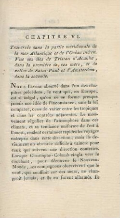 Chapitre VI. Traversée dans la partie méridionale de la mer Atlantique et de l'Océan indien. Vue des iles des Tristan d'Acunha, ...