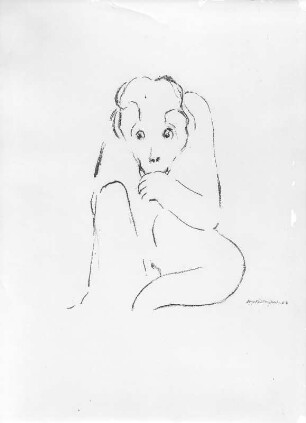 Mißtrauisches Äffchen. Kohlezeichnung (1963; E. Richter). Dresden-Striesen, Borsbergstraße 11, Atelier der Bildhauerin