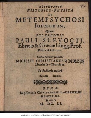 Disputatio Historico-Physica De Metempsychosi Judaeorum