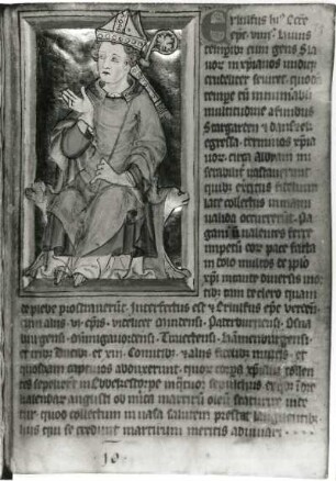 Bischof Erlulf : Bischof Erlulf. Textseite und Illustration aus dem Chronicon episcorum Verdensium, Blatt 10. Handschrift und kolorierte Federzeichnug/Pergament mit Goldgrund; 10 x 6 cm. um 1332. Dresden: SLUB Mscr.Dresd.H.193