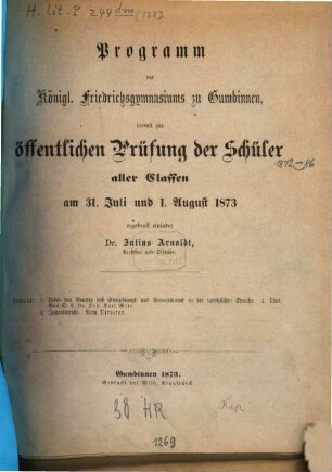 Programm des Königl. Friedrichsgymnasiums zu Gumbinnen : für das Schuljahr ... 1872/73
