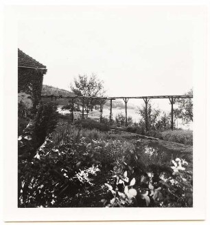 Garten Dr. Udo Rukser, Oberbühlhof am Bodensee: Beranktes Haus, Pergola im Garten