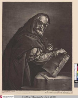 [Kahler Philosoph, ein Buch und ein Paar Zirkel haltend; Bald Philosopher holding a Book and a Pair of Compasses]