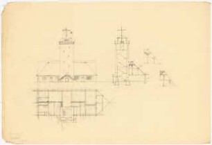 Leuchtturm, Lotsenhaus: Vorderansicht, Querschnitt, Grundriss Erdgeschoss, Details