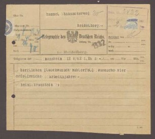 Glückwunschtelegramm von Heini Kronstein, Mannheim, an Hermann Hummel, 1 Telegramm