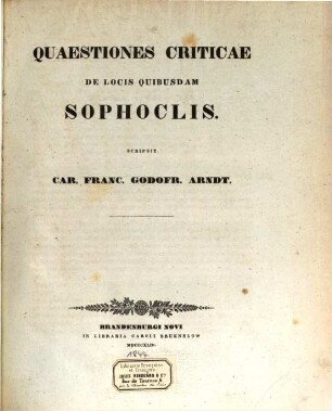 Quaestiones criticae de locis quibusdam Sophoclis