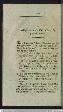 V. Religions- und Sittenlehre für Frauenzimmer
