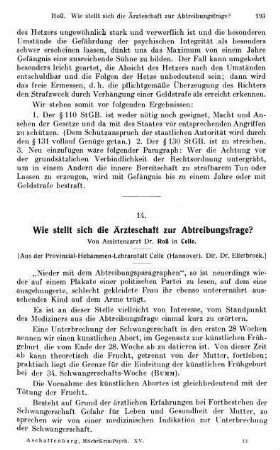 193-197, Wie stellt sich die Ärzteschaft zur Abtreibungsfrage?