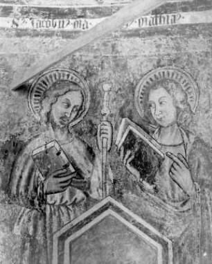 Die zwölf Apostel : Die zwölf Apostel. Fresko (1386/1400?). Apostel Jakobus major und Matthäus. Weitensfeld-Flattnitz-Zweinitz, Pfarrkirche Sankt Ägidius, Apsis