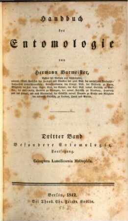 Handbuch der Entomologie. 3, Besondere Entomologie, Fortsetzung : Coleoptera Lamellicornia Melitophila