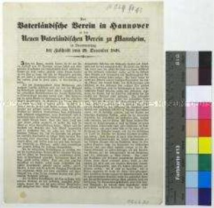 Flugblatt des Vaterländischen Vereins in Hannover an den Neuen Vaterländischen Verein zu Mannheim
