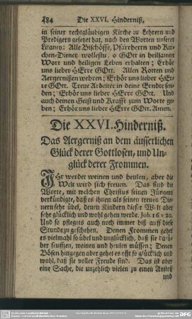 Die XXVI. Hinderniß. Das Aergerniß an dem äusserlichen Glück derer Gottlosen, und Unglück derer Frommen