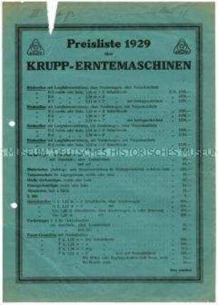 Preisliste über Erntemaschinen