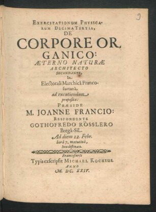 Exercitationum Physicarum DecimaTertia, De Corpore Organico