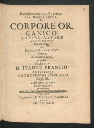 Exercitationum Physicarum DecimaTertia, De Corpore Organico
