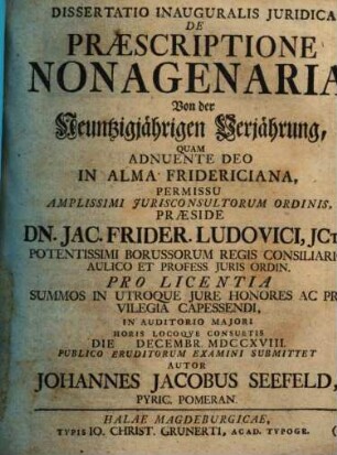 Dissertatio Inauguralis Juridica De Praescriptione Nonagenaria, Von der Neuntzigjährigen Verjährung
