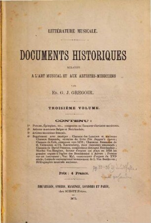 Documents historiques relatives à l'art musical et aux artistes-musiciens : Eittérature musicale, III