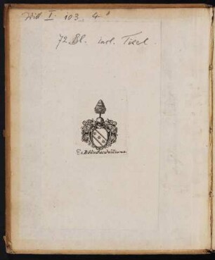 Vorderer Spiegel, mit eingeklebtem Exlibris: Will, Georg Andreas / Exlibris / Wappen