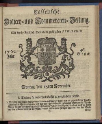 46. Stueck, Montag den 15ten November 1762