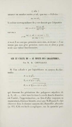 Sur le calcul de π au moyen des logarithmes.