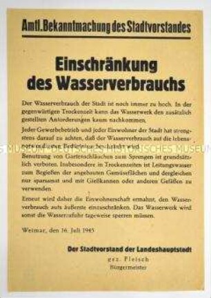 Amtliche Bekanntmachung des Stadtvorstandes von Weimar zur Einschränkung des Wasserverbrauchs
