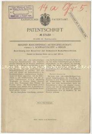 Patentschrift einer Anordnung der Receiver bei Compound-Dampfmaschinen, Patent-Nr. 37439