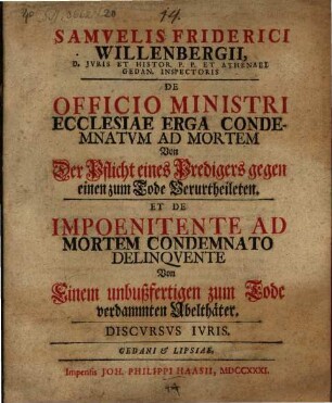 Schediasma iur. de officio ministri ecclesiae erga condemnatum ad mortem
