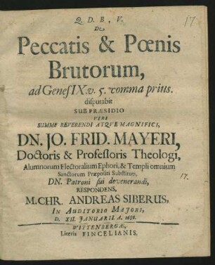 De Peccatis & Poenis Brutorum : ad Genes. IX. v. 5. comma prius