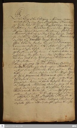 Brief von Ehrenreich Bogislaus von Creutz, Georg Ernst Stahl, Christoph Horch, Johann Theodor Eller, P. Caritá, Bergemann, Glockengießer, Kaatzky, Kirsteller, Augustin Buddeus, Pascal, Ernst Konrad Holtzendorf und Caspar Neumann an Gotthilf August Francke.
