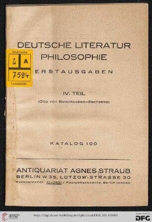 Nr. 100,4: Katalog: Deutsche Literatur, Philosophie : Erstausgaben : 4. Teil (Otto von Botenlauben-Zschokke)
