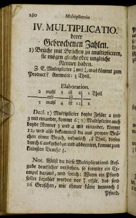 IV. Multiplicatio. derer Gebrochenen Zahlen. - V. Divisio derer Gebrochenen Zahlen.