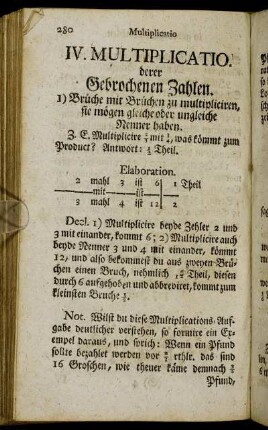 IV. Multiplicatio. derer Gebrochenen Zahlen. - V. Divisio derer Gebrochenen Zahlen.