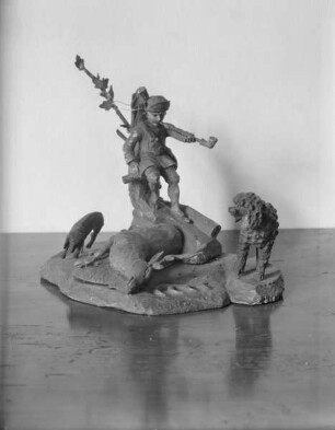 Jäger mit Jagdhund, Pudel und Wildbret