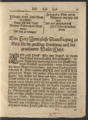Eine Herz-Innigliche Dancksagung zu Gott für die gnädige Errettung auß der grausamen Wasser-Fluht.