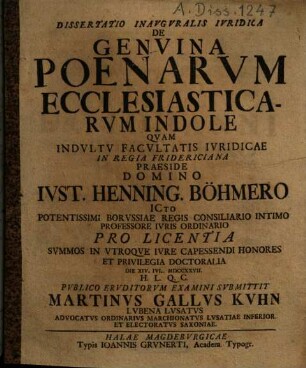 Dissertatio Inavgvralis Ivridica De Genvina Poenarvm Ecclesiasticarvm Indole