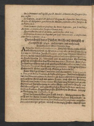 Verzeichnüß derer Bücher/ welchein Leipzigscher Herbst-Messe 1641. außgangen/ ...
