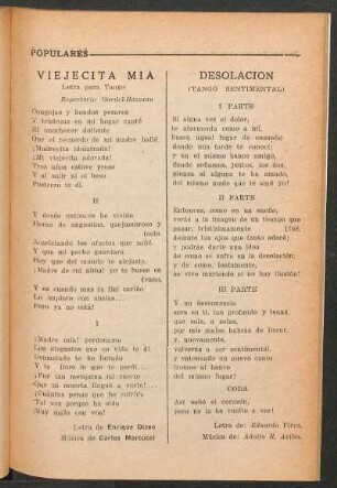 Viejecita mía : Letra para tango. Repertorio Gardel-Razzano