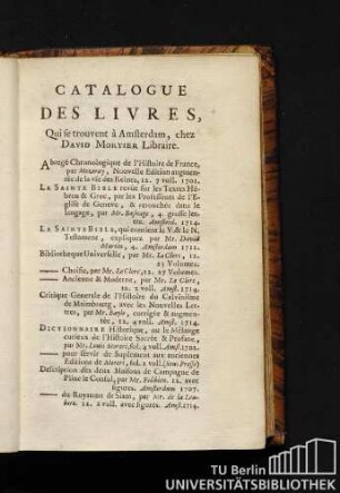 Catalogue des livres, qui se trouvent à Amsterdam, chez David Mortier Libraire.