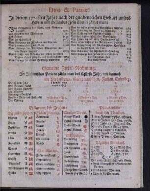 Deo & Patriae! In diesem 1774sten Jahre nach der gnadenreichen Geburt unsers Herrn und Heilandes Jesu Christi zählet man