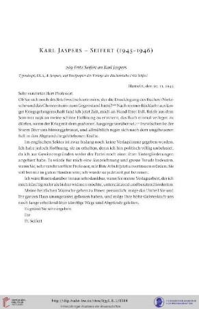 Karl Jaspers – Seifert (Verlag der Bücherstube Fritz Seifert, Hameln) 1945–1946