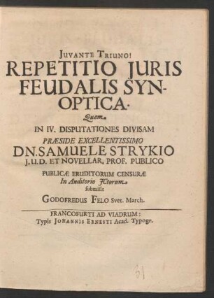 1: Iuris Feudalis Synoptici Disputatio I.