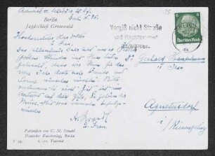 Brief von Alois Brandl und Jula Brandl an Gerhart Hauptmann und Margarete Hauptmann