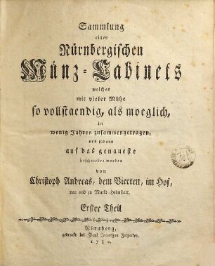 Sammlung eines Nürnbergischen Münz-Cabinets, Erster Theil