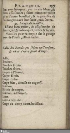 Table des Entrées qui se font en Caresme, & ou il n'entre point d'œufs