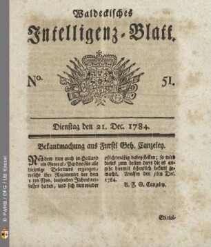 No. 51, Dienstag den 21. Dec. 1784