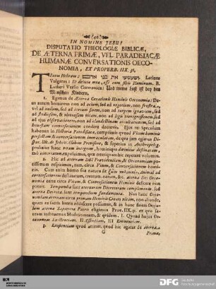 Disputatio Theologiae Biblicae, De Aeterna Primae, Vel Paradisiacae Humanae Conversationis Oeconomia.