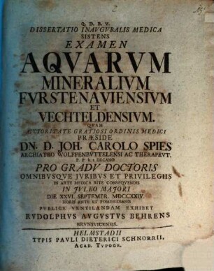 Diss. inaug. med. sistens examen aquarum mineralium Fürstenaviensium et Vechteldensium