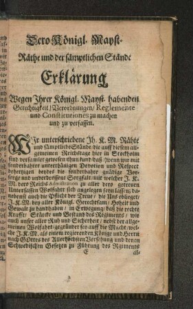 Dero Königl. Mayst. Rähte und der sämptlichen Stände ...
