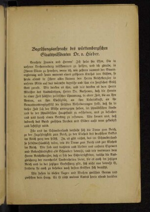 Begrüßungsansprache des württembergischen Staatspräsidenten Dr. v. Hieber.